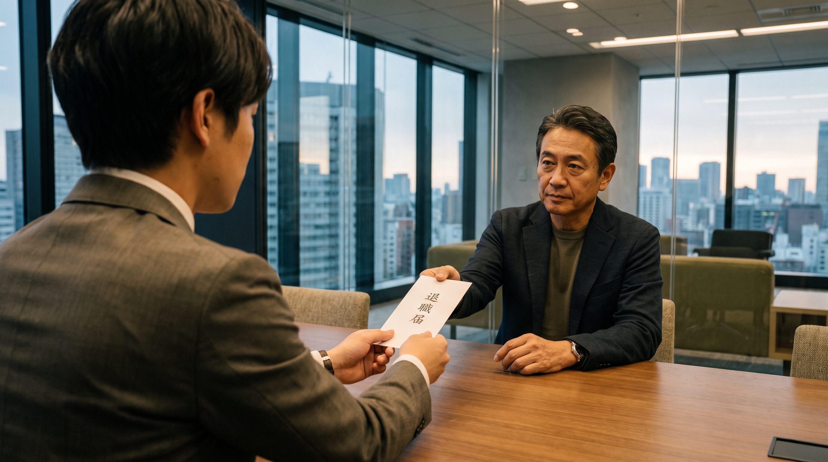 Professional handing resignation letter to manager in Tokyo office